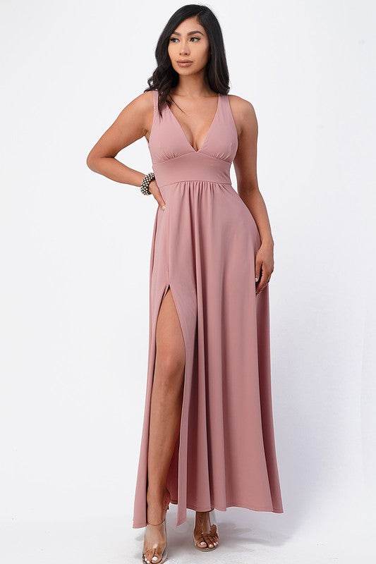 Deep V-neck A-line dress with side slit