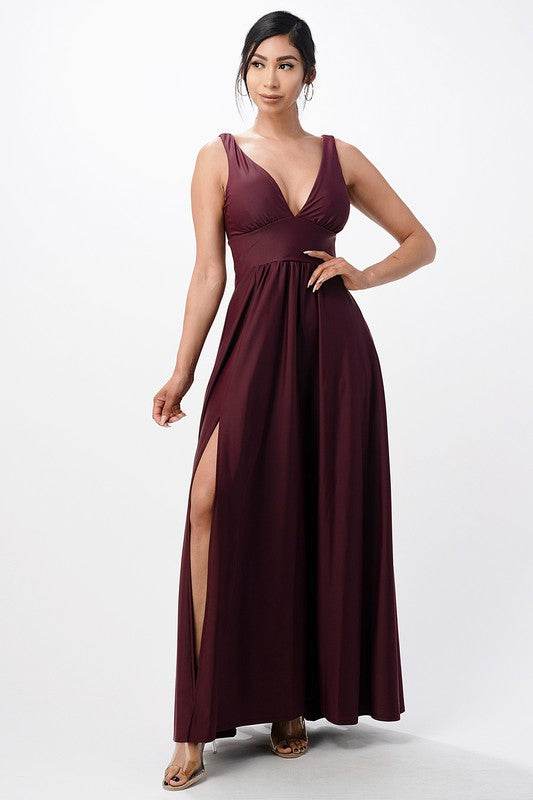Deep V-neck A-line dress with side slit