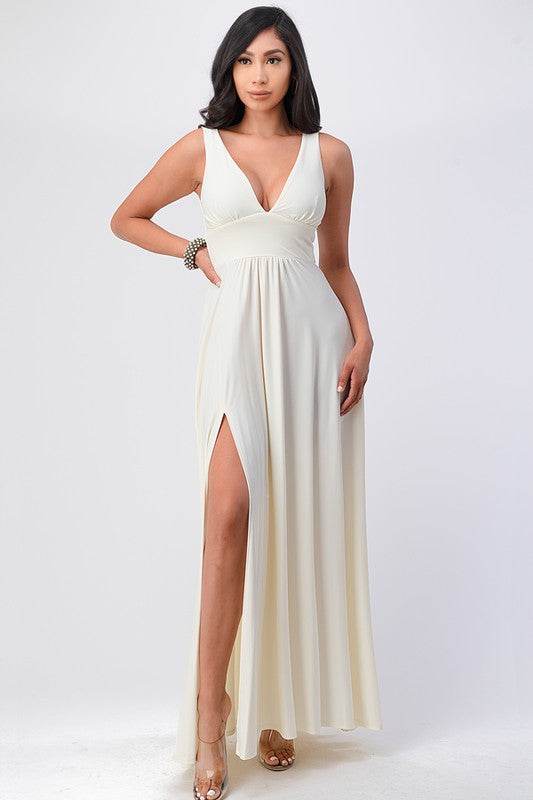 Deep V-neck A-line dress with side slit