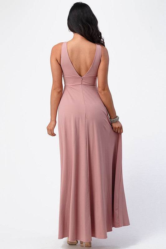 Deep V-neck A-line dress with side slit