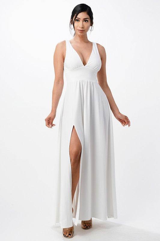 Deep V-neck A-line dress with side slit
