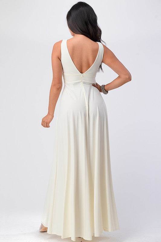 Deep V-neck A-line dress with side slit