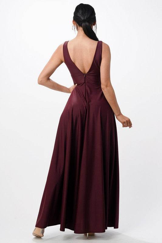 Deep V-neck A-line dress with side slit