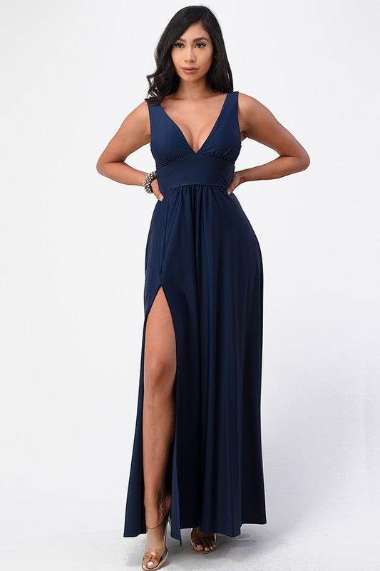 Deep V-neck A-line dress with side slit