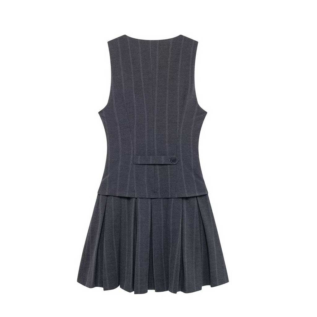 Women Wide Pleated Striped Vest Short Dress