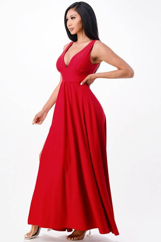 Deep V-neck A-line dress with side slit