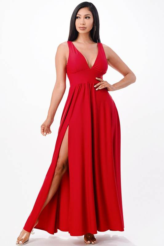 Deep V-neck A-line dress with side slit