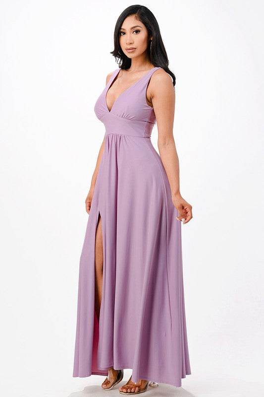 Deep V-neck A-line dress with side slit